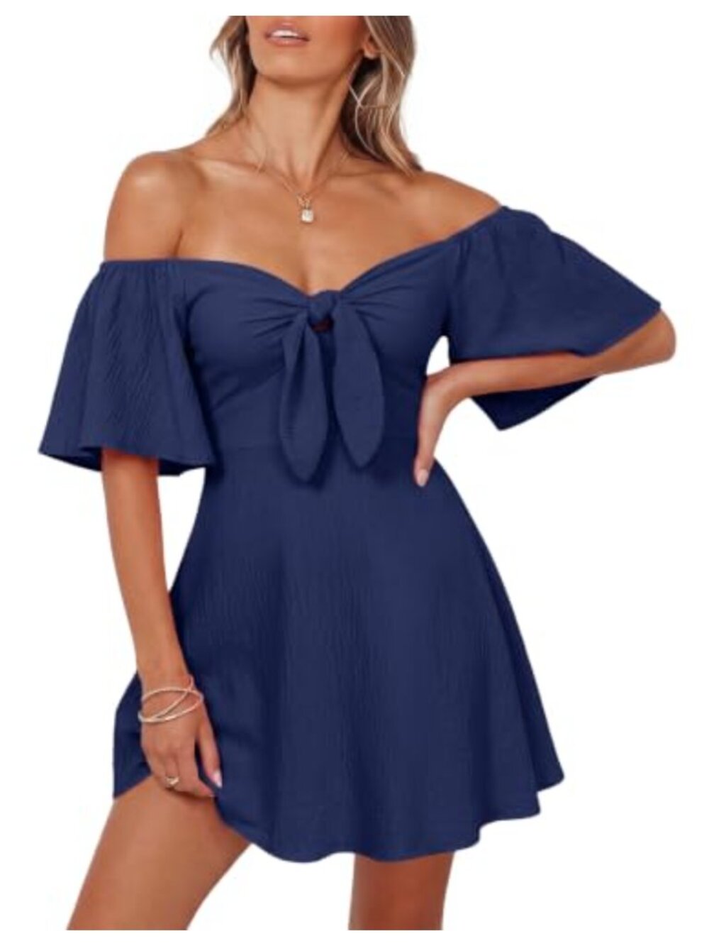 Dokotoo Women's V-Neck Flutter Sleeve Bow Tie Mini Dress Summer Casual